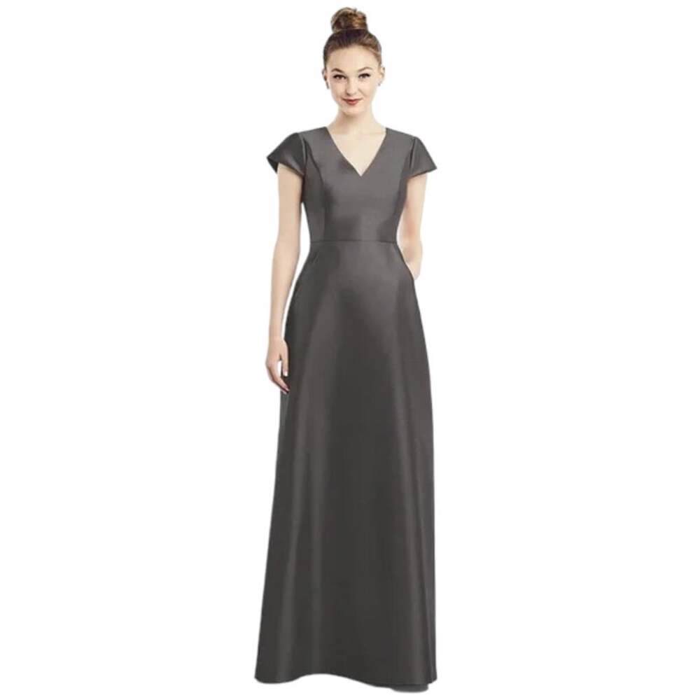 Alfred Sung D779 Cap Sleeve V-Neck Satin Gown with Pockets in Caviar Size 8